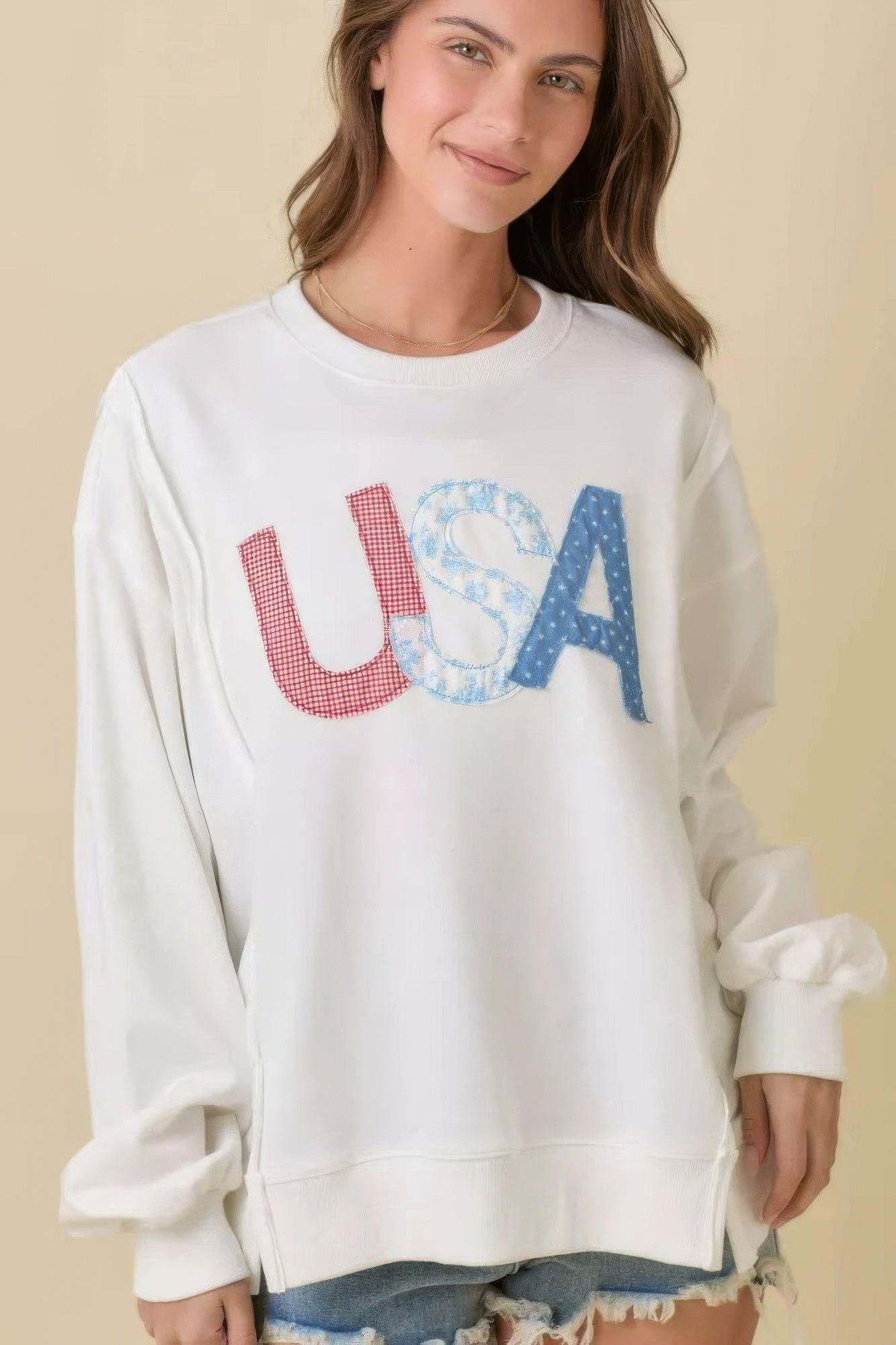 4th Of July Usa Patchwork Crewneck Long Sleeve Top - Wear Arielle