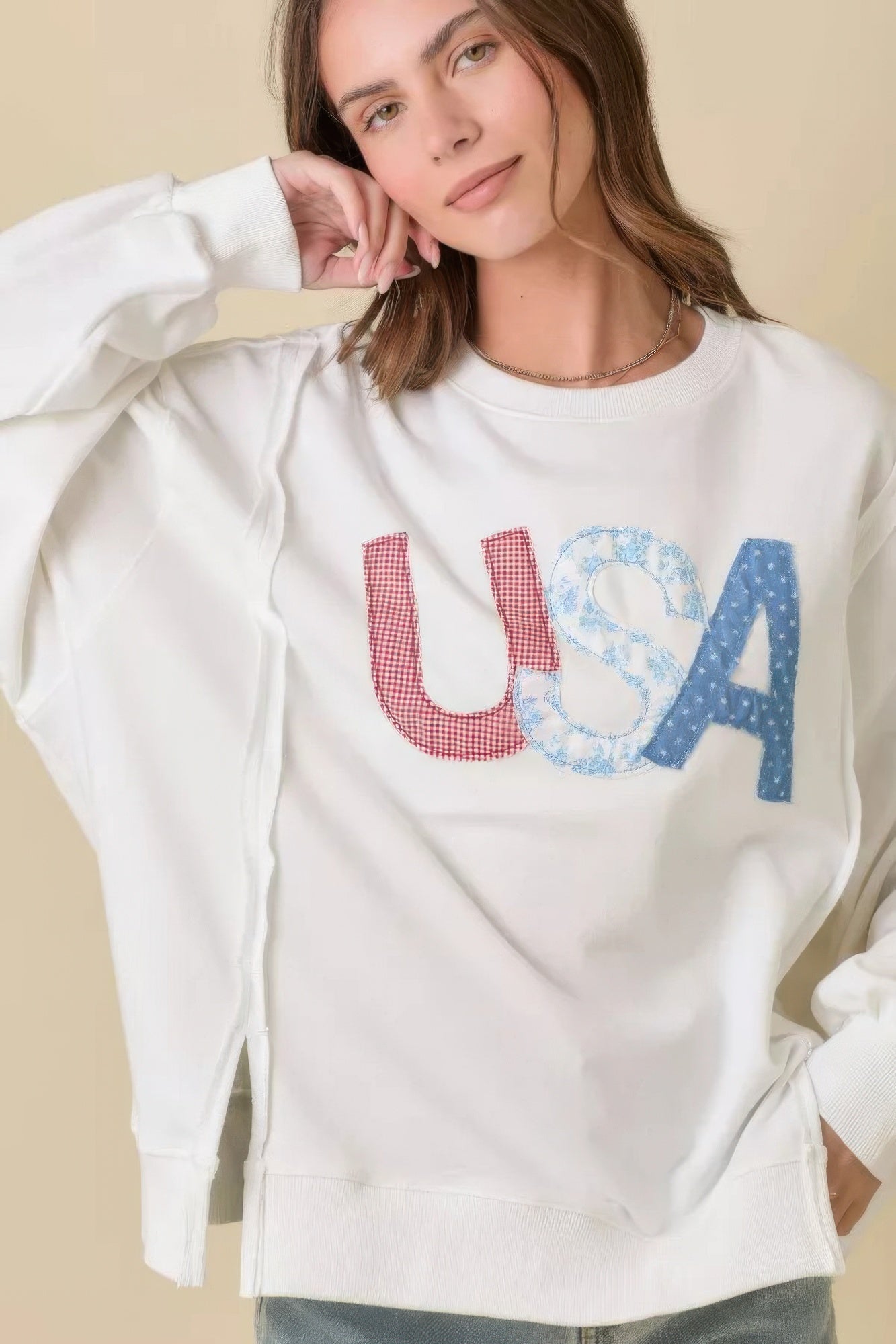 4th Of July Usa Patchwork Crewneck Long Sleeve Top - Wear Arielle