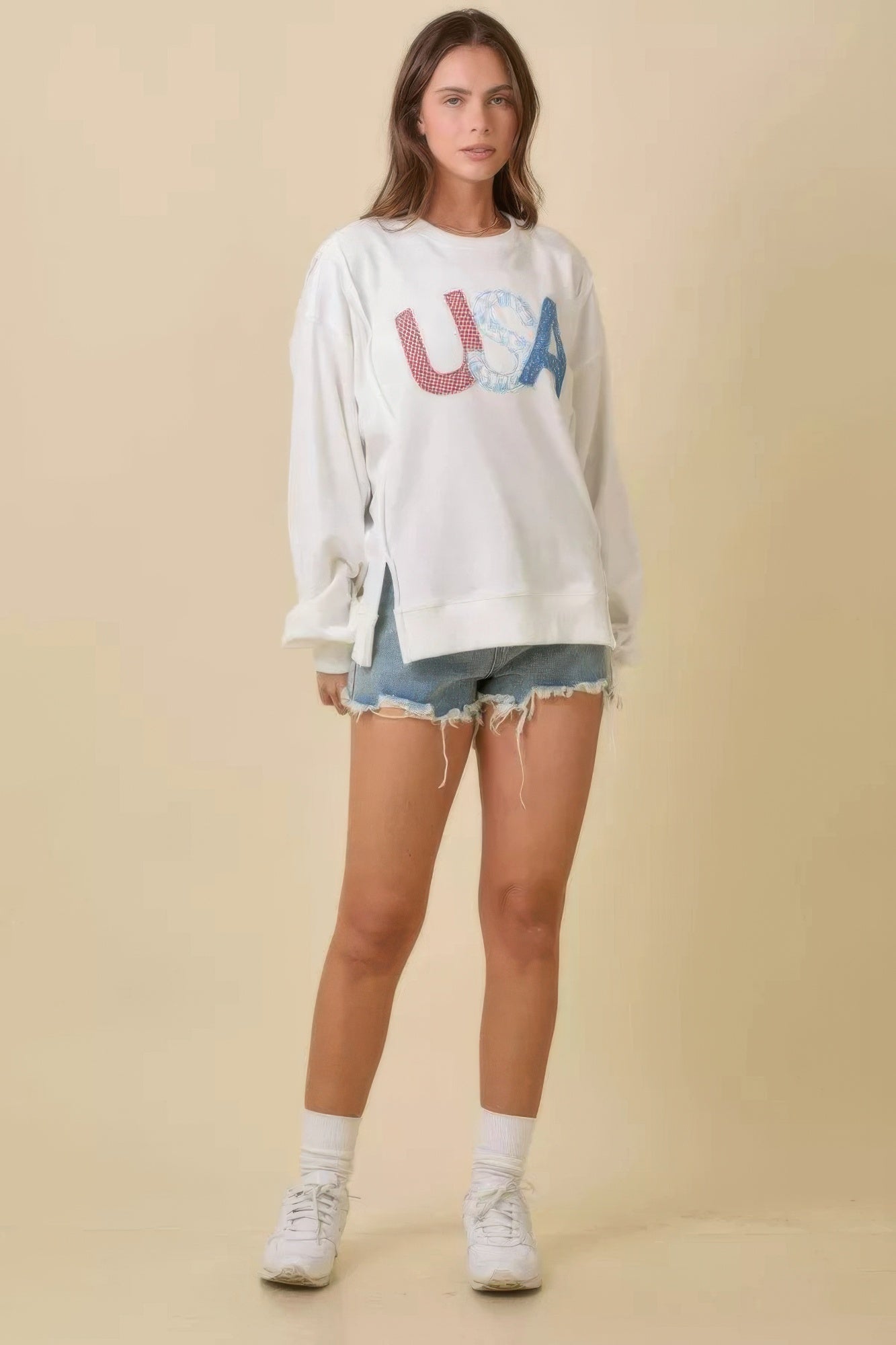 4th Of July Usa Patchwork Crewneck Long Sleeve Top - Wear Arielle