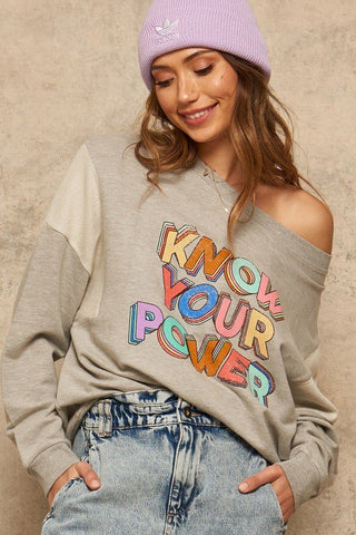 Heather Grey “Know Your Power” Graphic Terry Sweatshirt - Wear Arielle