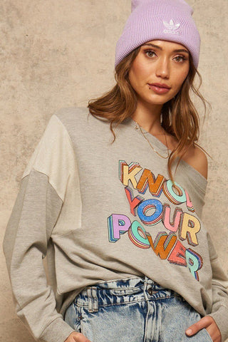 Heather Grey “Know Your Power” Graphic Terry Sweatshirt - Wear Arielle