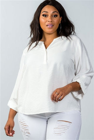 Plus Size Oatmeal Stand - up Collar Roll Tab Sleeve Blouse - Wear Arielle