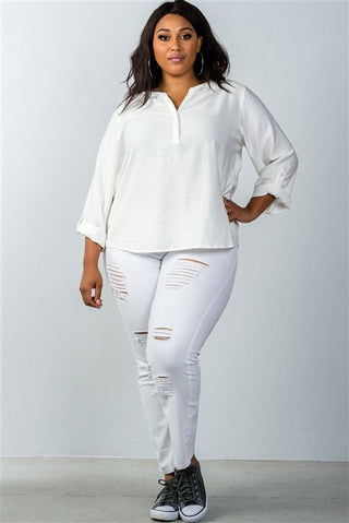 Plus Size Oatmeal Stand - up Collar Roll Tab Sleeve Blouse - Wear Arielle