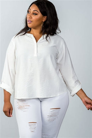 Plus Size Oatmeal Stand - up Collar Roll Tab Sleeve Blouse - Wear Arielle