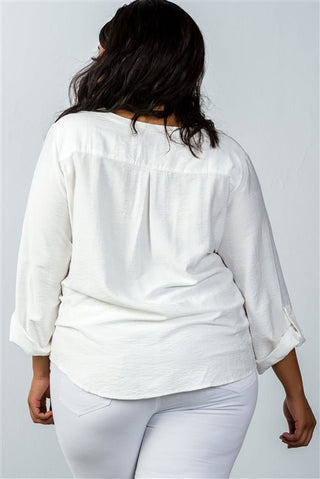 Plus Size Oatmeal Stand - up Collar Roll Tab Sleeve Blouse - Wear Arielle