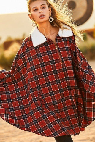 Front Pocket Plaid Poncho - Wear Arielle