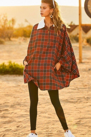 Front Pocket Plaid Poncho - Wear Arielle