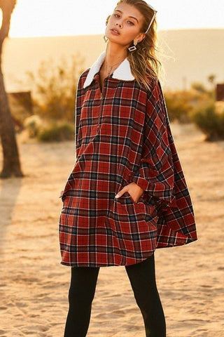 Front Pocket Plaid Poncho - Wear Arielle