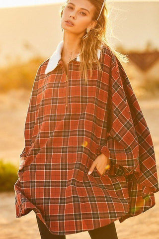 Front Pocket Plaid Poncho - Wear Arielle