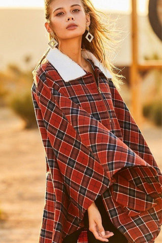 Front Pocket Plaid Poncho - Wear Arielle