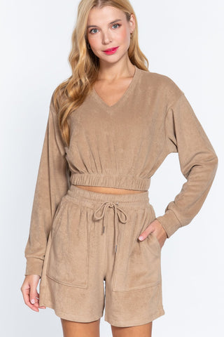 Mocha Terry Knit V - Neck Top with Elastic Hem - Wear Arielle