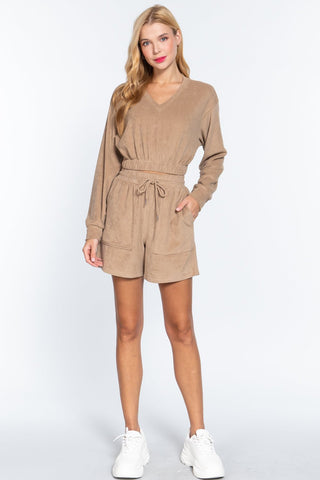 Mocha Terry Knit V - Neck Top with Elastic Hem - Wear Arielle