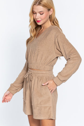 Mocha Terry Knit V - Neck Top with Elastic Hem - Wear Arielle