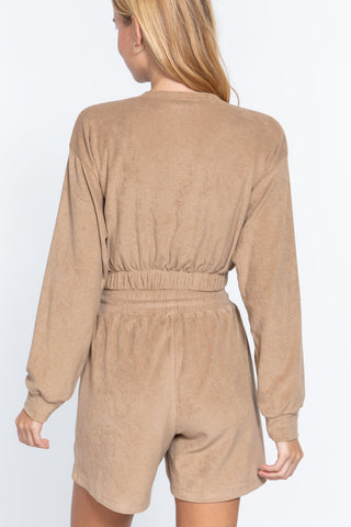 Mocha Terry Knit V - Neck Top with Elastic Hem - Wear Arielle