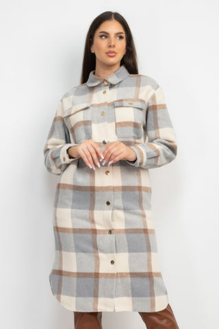 Plaid Long Button Shacket Coat gr - Wear Arielle