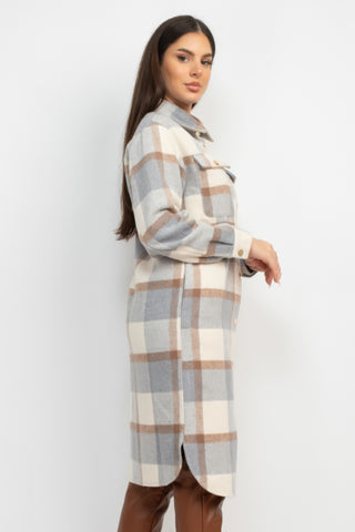 Plaid Long Button Shacket Coat gr - Wear Arielle
