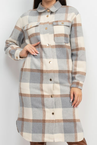 Plaid Long Button Shacket Coat gr - Wear Arielle