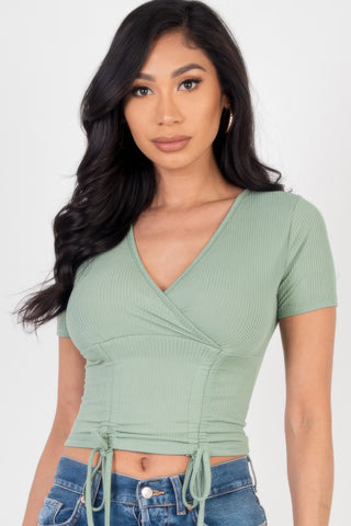 Ribbed Drawstring Surplice Top - Wear Arielle