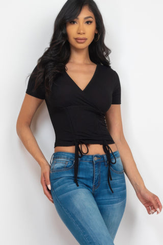 Ribbed Drawstring Surplice Top - Wear Arielle