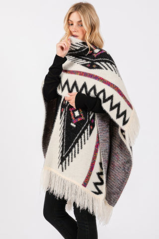 Fuzzy Aztec Pattern Tassel Knit Ruana - Wear Arielle