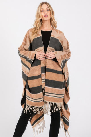 Cozy Aztec Pattern Fringe Ruana - Wear Arielle
