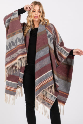 Cozy Aztec Pattern Fringe Ruana - Wear Arielle