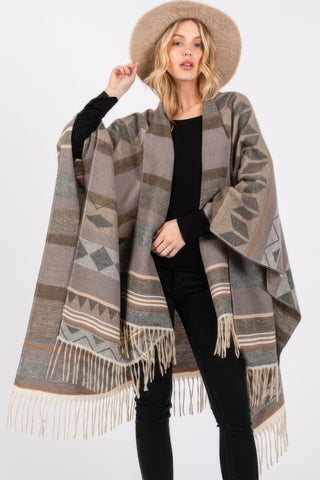 Cozy Aztec Pattern Fringe Ruana - Wear Arielle