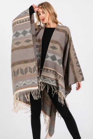 Cozy Aztec Pattern Fringe Ruana - Wear Arielle