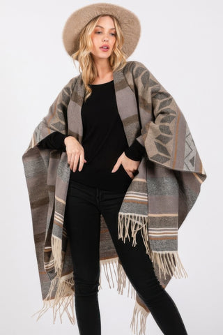 Cozy Aztec Pattern Fringe Ruana - Wear Arielle