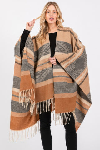 Cozy Aztec Pattern Fringe Ruana - Wear Arielle