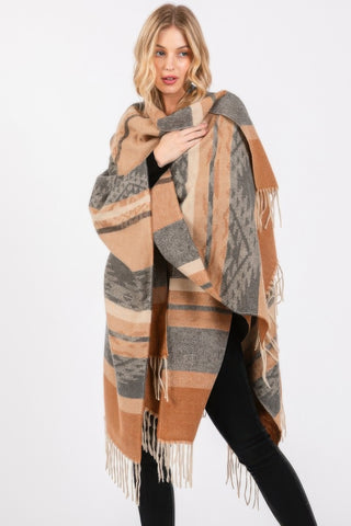 Cozy Aztec Pattern Fringe Ruana - Wear Arielle