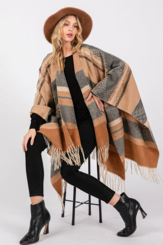 Cozy Aztec Pattern Fringe Ruana - Wear Arielle