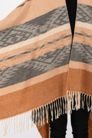 Cozy Aztec Pattern Fringe Ruana - Wear Arielle