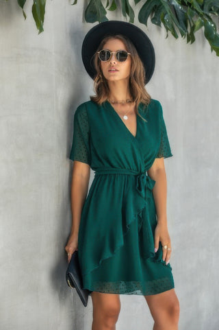 V Neck Ruffled Hem Wrap Dress - Wear Arielle
