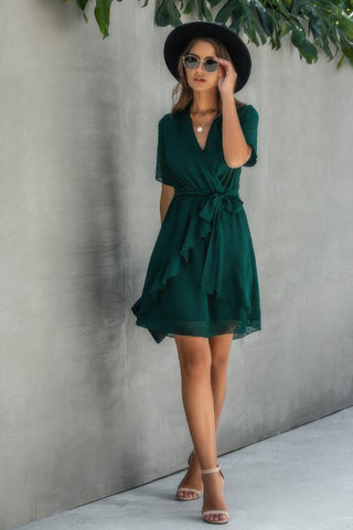 V Neck Ruffled Hem Wrap Dress - Wear Arielle