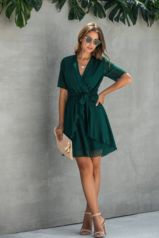 V Neck Ruffled Hem Wrap Dress - Wear Arielle