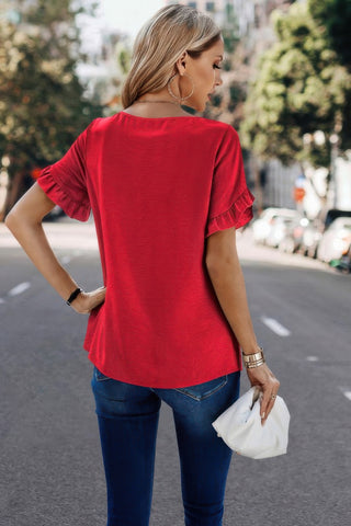 Solid Round Neck Ruffle Sleeve Loose Fit Blouse - Wear Arielle