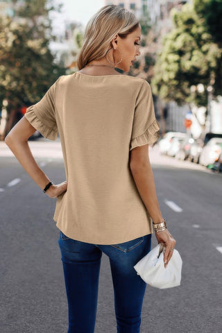 Solid Round Neck Ruffle Sleeve Loose Fit Blouse - Wear Arielle