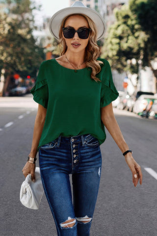 Solid Round Neck Ruffle Sleeve Loose Fit Blouse - Wear Arielle