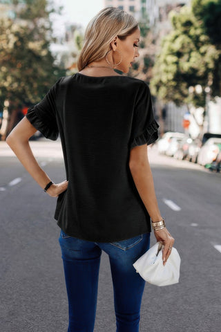 Solid Round Neck Ruffle Sleeve Loose Fit Blouse - Wear Arielle