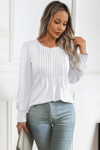 Crew Neck Pleated Long Puff Lantern Sleeve Knit Shirt - Wear Arielle
