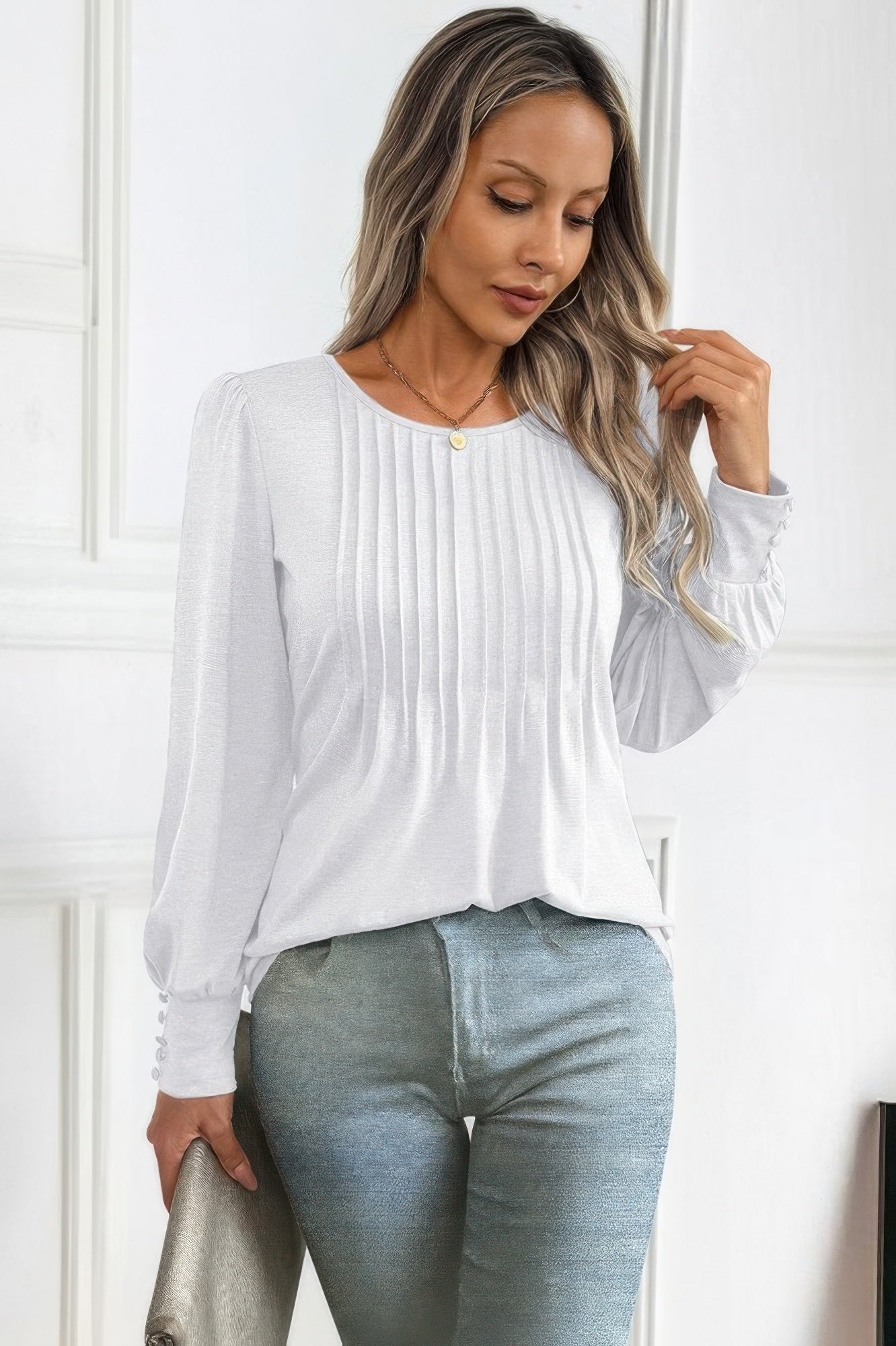 Crew Neck Pleated Long Puff Lantern Sleeve Knit Shirt - Wear Arielle