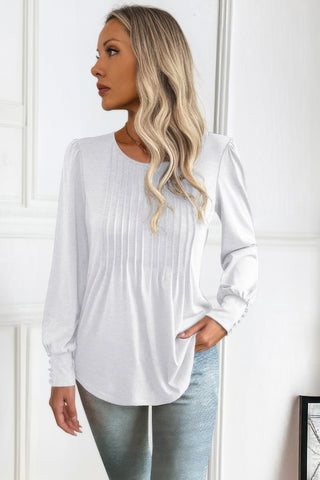 Crew Neck Pleated Long Puff Lantern Sleeve Knit Shirt - Wear Arielle
