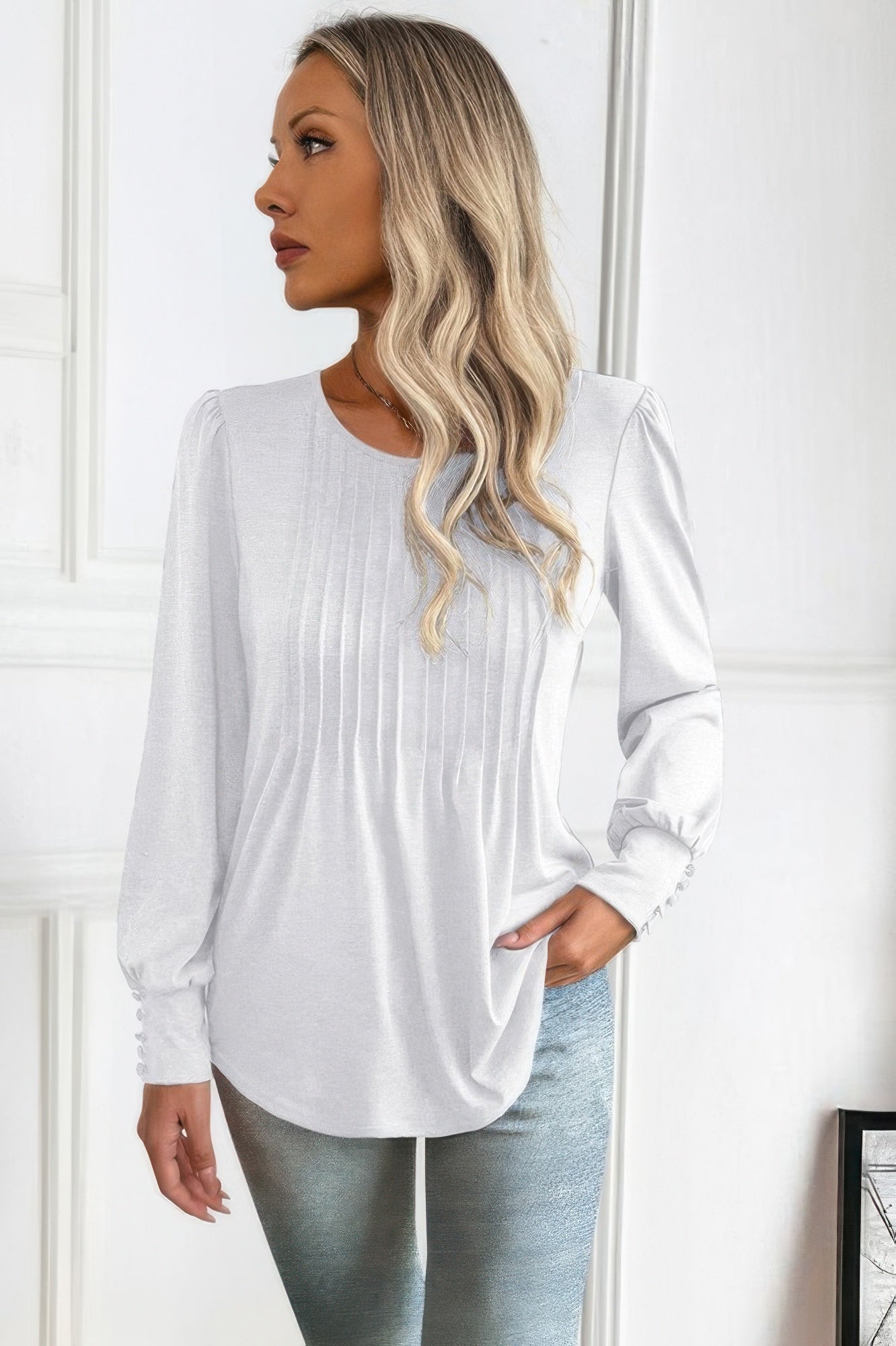 Crew Neck Pleated Long Puff Lantern Sleeve Knit Shirt - Wear Arielle