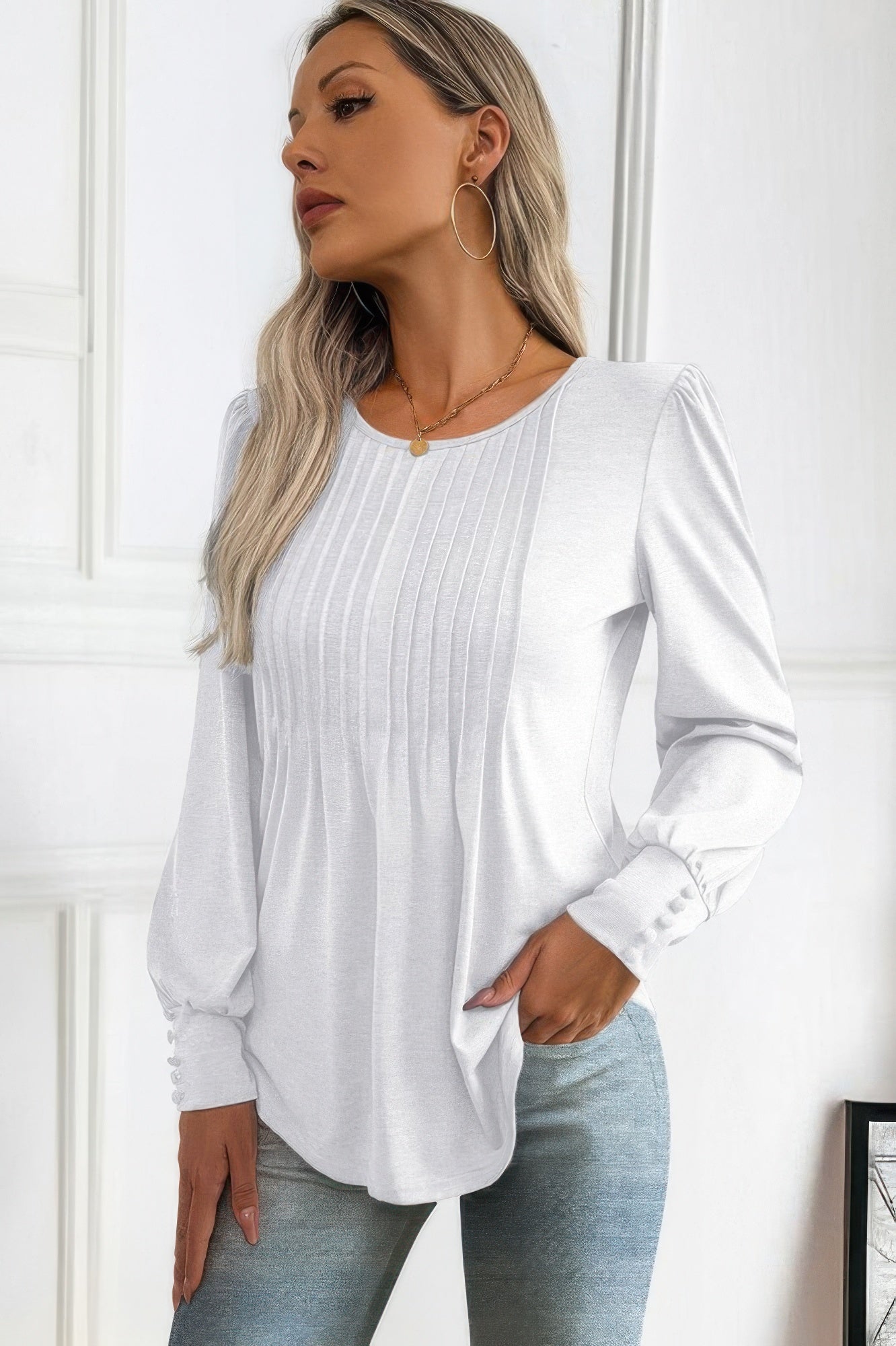 Crew Neck Pleated Long Puff Lantern Sleeve Knit Shirt - Wear Arielle