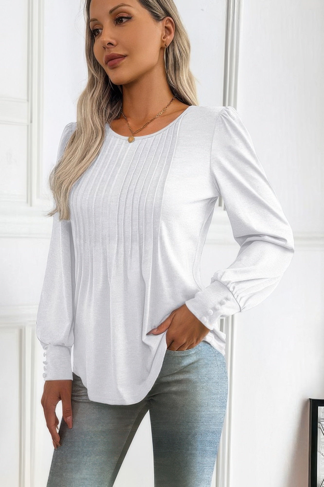 Crew Neck Pleated Long Puff Lantern Sleeve Knit Shirt - Wear Arielle
