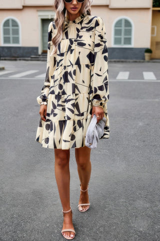 Ruffle Neck Abstract Print Long Sleeve Tiered Dress - Wear Arielle