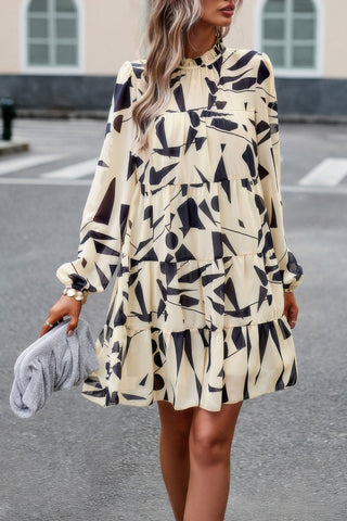 Ruffle Neck Abstract Print Long Sleeve Tiered Dress - Wear Arielle