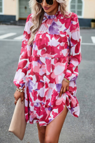 Ruffle Neck Abstract Print Long Sleeve Tiered Dress - Wear Arielle