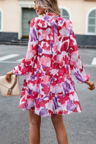 Ruffle Neck Abstract Print Long Sleeve Tiered Dress - Wear Arielle